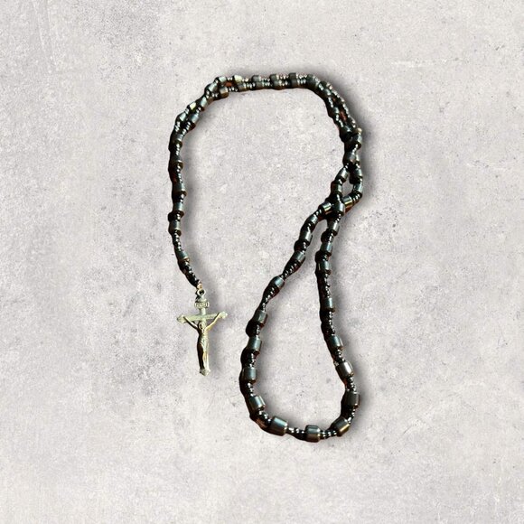 Vintage Rosary‎ Dark Heavy Shiny Black Beads Hematite Silver Crucifix - Picture 2 of 6